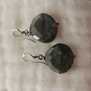 Labradorite Drop Earrings - Iridescent Gray-Green Stone